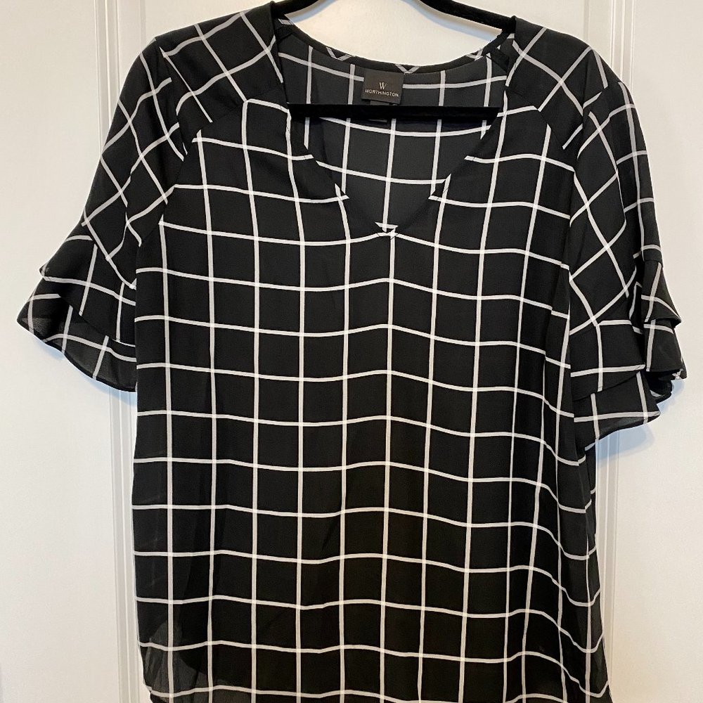 Black Windowpane Ruffle Sleeve Blouse